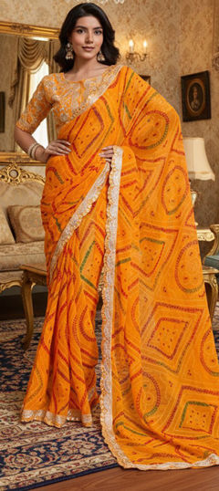 Yellow color Saree in Georgette fabric with Bandhej, Printed, Thread work