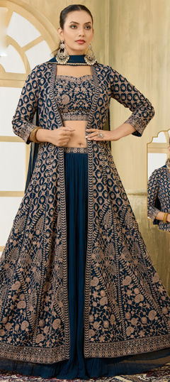 Blue color Long Lehenga Choli in Silk fabric with Embroidered, Sequence, Thread, Zari work