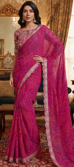 Pink and Majenta color Saree in Georgette fabric with Bandhej, Printed, Thread work