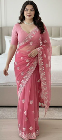 Pink and Majenta color Saree in Net fabric with Embroidered, Sequence, Thread work