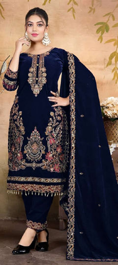 Blue color Salwar Kameez in Velvet fabric with Embroidered, Sequence, Zircon work