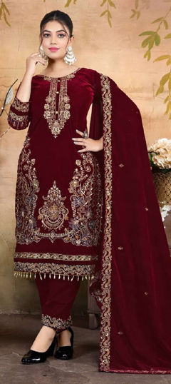 Red and Maroon color Salwar Kameez in Velvet fabric with Embroidered, Sequence, Zircon work