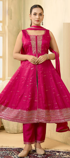 Pink and Majenta color Salwar Kameez in Silk fabric with Embroidered, Sequence, Thread, Zari work