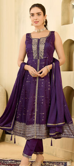 Purple and Violet color Salwar Kameez in Silk fabric with Embroidered, Sequence, Thread, Zari work