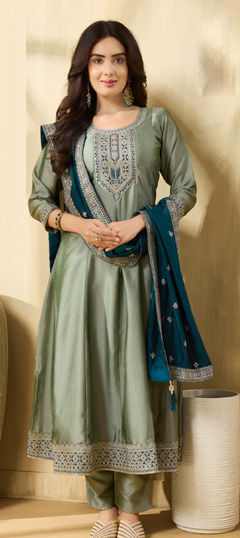 Green color Salwar Kameez in Silk fabric with Embroidered, Sequence, Thread, Zari work