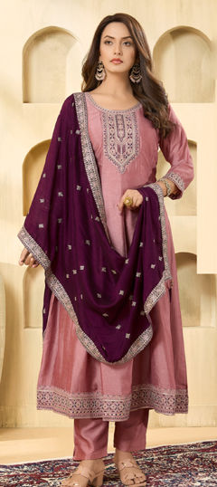 Pink and Majenta color Salwar Kameez in Silk fabric with Embroidered, Sequence, Thread, Zari work