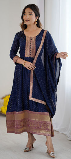 Blue color Salwar Kameez in Silk fabric with Border work