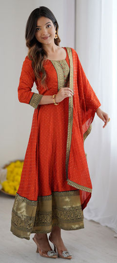 Orange color Salwar Kameez in Silk fabric with Border work