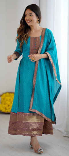 Blue color Salwar Kameez in Silk fabric with Border work
