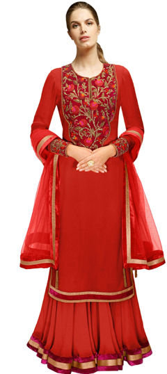 Beige and Brown color Salwar Kameez in Georgette fabric with Embroidered, Thread work