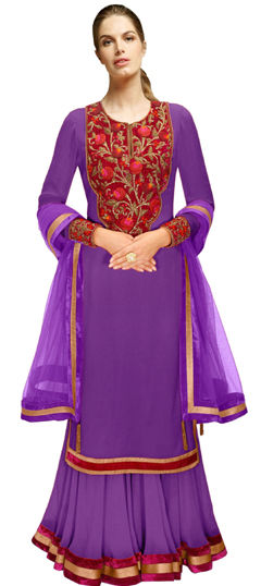 Purple and Violet color Salwar Kameez in Georgette fabric with Embroidered, Thread work