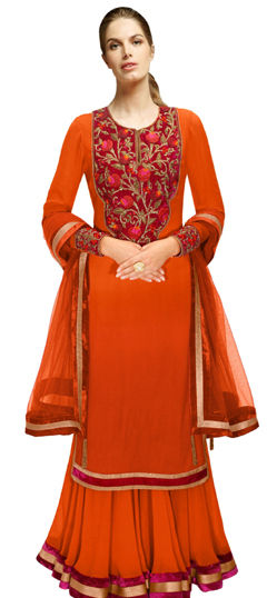 Orange color Salwar Kameez in Georgette fabric with Embroidered, Thread work