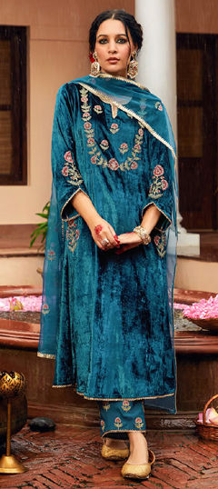 Blue color Salwar Kameez in Velvet fabric with Embroidered, Thread work