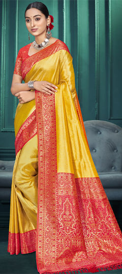 Yellow color Saree in Kanjeevaram Silk fabric with Weaving work