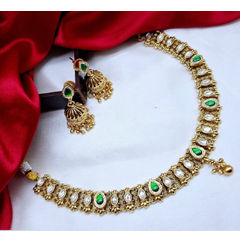 Gold Rodium Polish Green color Necklace in Metal Alloy studded with Beads, CZ Diamond