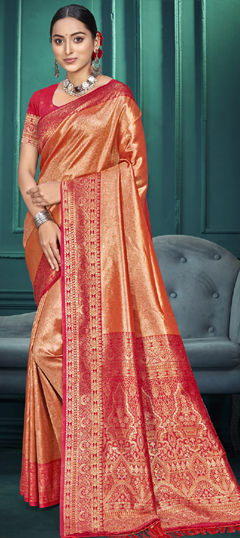 Pink and Majenta color Saree in Kanjeevaram Silk fabric with Weaving work