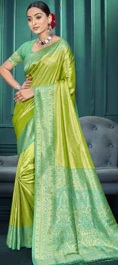 Green color Saree in Kanjeevaram Silk fabric with Weaving work