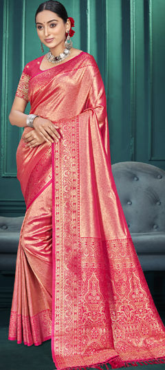 Pink and Majenta color Saree in Kanjeevaram Silk fabric with Weaving work