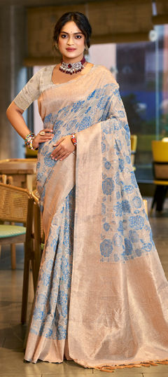 Blue color Saree in Silk cotton fabric with Weaving work