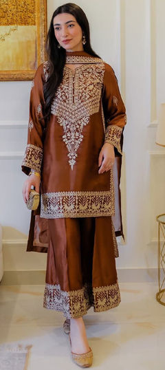 Beige and Brown color Salwar Kameez in Chinon Silk fabric with Embroidered work
