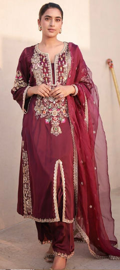 Red and Maroon color Salwar Kameez in Satin Silk fabric with Embroidered, Sequence work