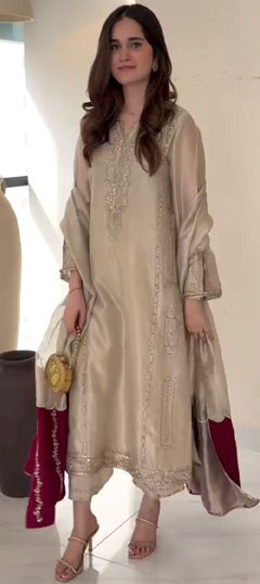 Beige and Brown color Salwar Kameez in Chinon Silk fabric with Embroidered, Sequence work