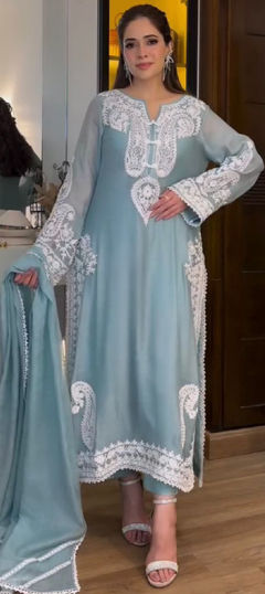 Blue color Salwar Kameez in Organza Silk fabric with Embroidered work