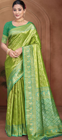 Green color Saree in Kanjeevaram Silk fabric with Weaving work