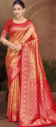 Gold, Red and Maroon color Saree in Kanjeevaram Silk fabric with Weaving work