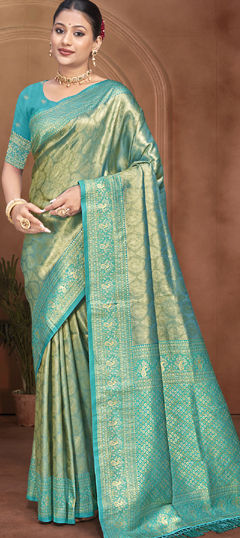 Blue color Saree in Kanjeevaram Silk fabric with Weaving work