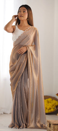 Beige and Brown color Saree in Art Silk fabric with Bugle Beads work