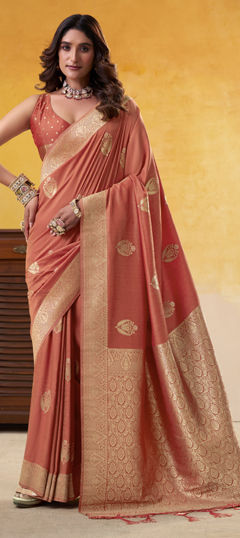 Red and Maroon color Saree in Tussar Silk fabric with Weaving work