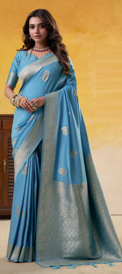 Blue color Saree in Tussar Silk fabric with Weaving work