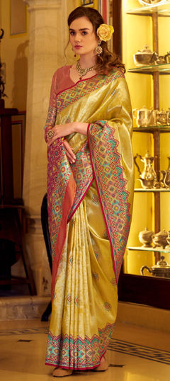 Yellow color Saree in Tissue fabric with Printed work