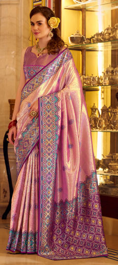 Pink and Majenta color Saree in Tissue fabric with Printed work