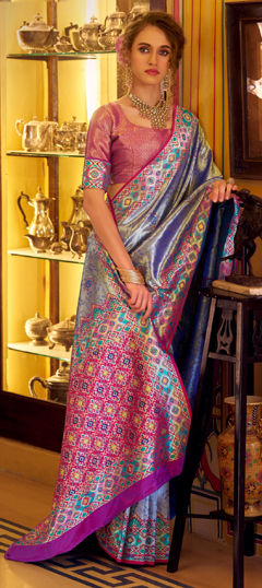 Black and Grey color Saree in Tissue fabric with Printed work