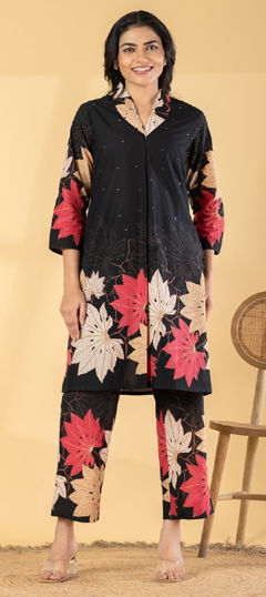 Black and Grey color Salwar Kameez in Cotton fabric with Floral, Printed, Stone work