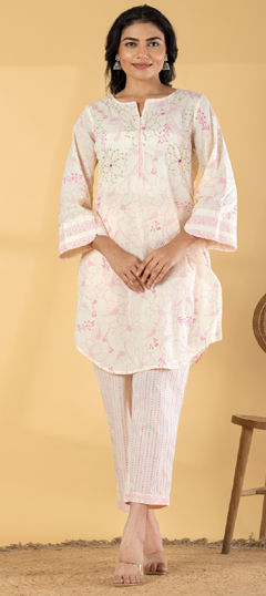 Beige and Brown, Pink and Majenta color Salwar Kameez in Cotton fabric with Printed, Sequence, Zari work