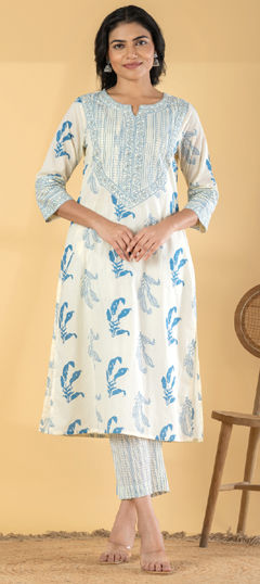 Blue, White and Off White color Salwar Kameez in Cotton fabric with Printed, Zari work