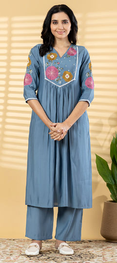 Black and Grey color Salwar Kameez in Roman fabric with Embroidered, Lace, Resham, Thread work