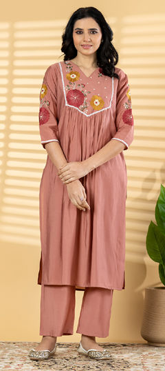 Pink and Majenta color Salwar Kameez in Roman fabric with Embroidered, Lace, Resham, Thread work