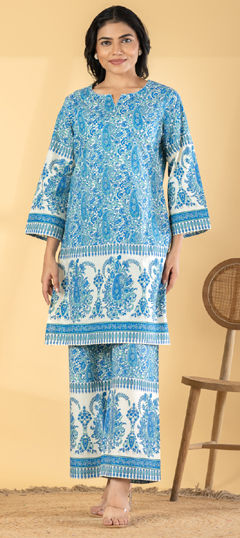 Blue color Salwar Kameez in Cotton fabric with Printed, Sequence work