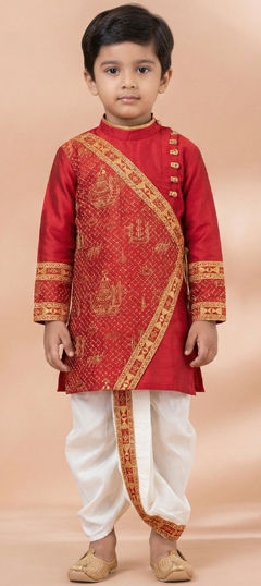 Red and Maroon color Boys Dhoti Kurta in Viscose fabric with Embroidered work