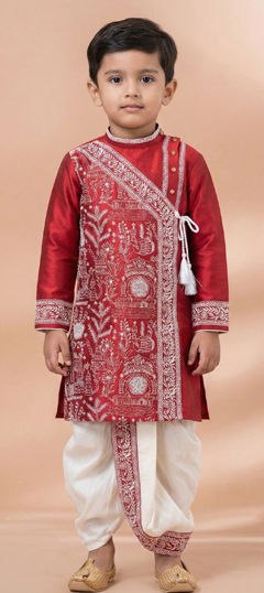 Red and Maroon color Boys Dhoti Kurta in Viscose fabric with Embroidered work