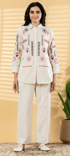 White and Off White color Co-ords Set in Cotton Flex fabric with Embroidered, Resham, Thread work