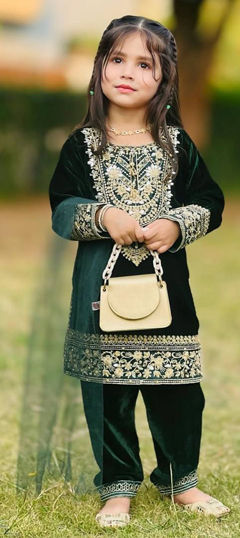 Green color Kids Salwar in Velvet fabric with Embroidered work