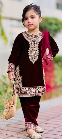 Red and Maroon color Kids Salwar in Velvet fabric with Embroidered work