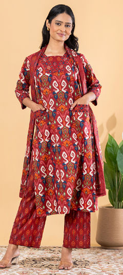 Red and Maroon color Salwar Kameez in Cotton fabric with Bugle Beads, Printed, Sequence work