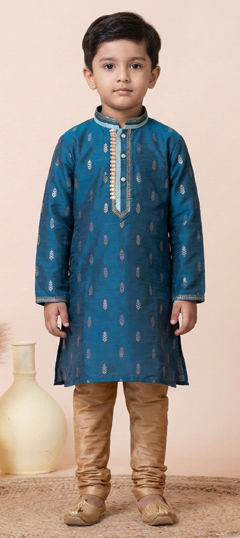 Blue color Boys Kurta Pyjama in Jacquard fabric with Lace work