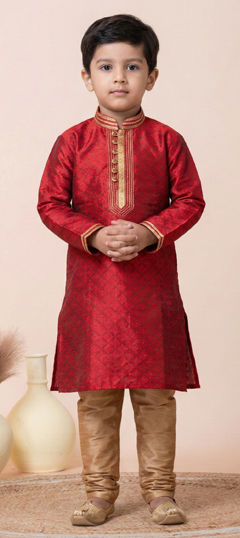 Red and Maroon color Boys Kurta Pyjama in Silk fabric with Lace work